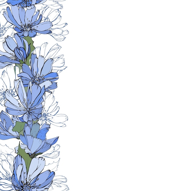 Floral vertical border with blue flowers chicory.