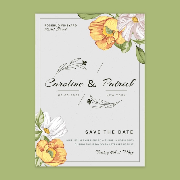 Floral vertical card template for wedding