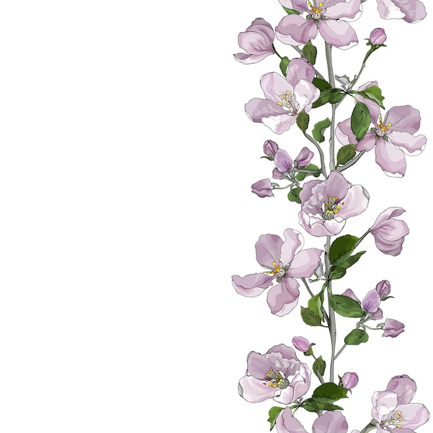 Vettore bordo floreale verticale senza soluzione di continuità di fiori rosa pallido su rami, fiori di melo.