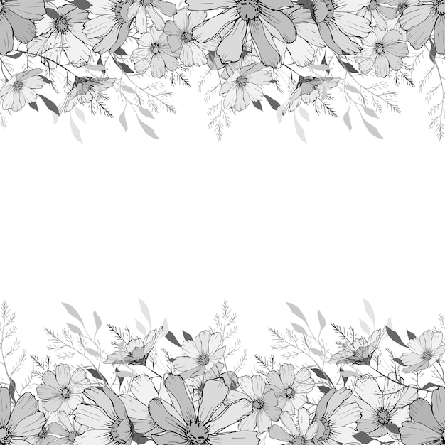 Vector floral vintage frame with monochrome flowers.