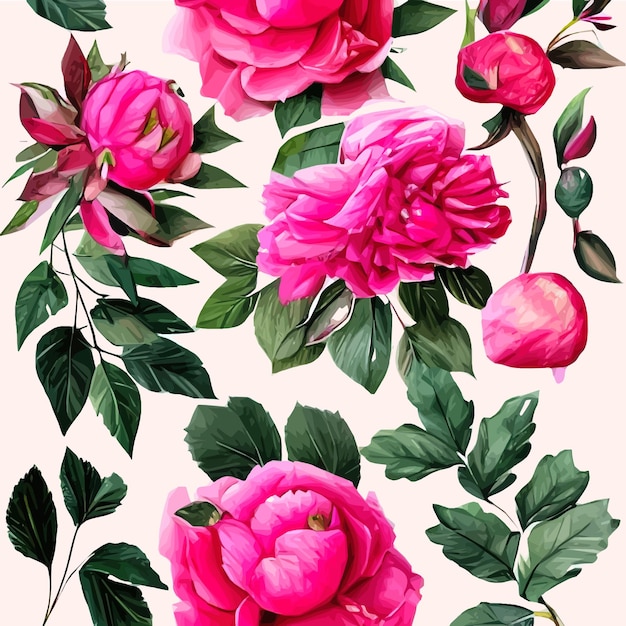 Floral vintage seamless pattern with pink flower peonies and green leaves