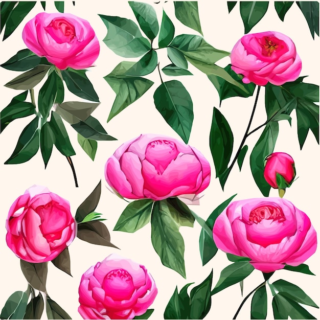 Floral vintage seamless pattern with pink flower peonies and green leaves