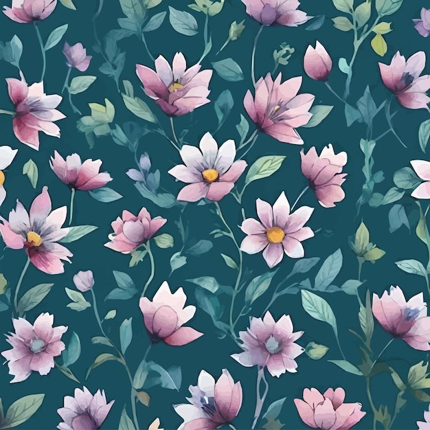 A floral wallpaper with pink flowers and green leaves