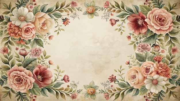 Vector floral watercolor background with vintage style frame