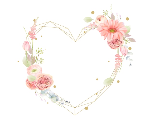 Vector floral watercolor frame with heart shape