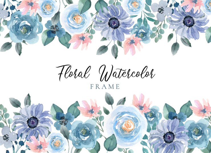 Floral Watercolor Frame with Sky Blue and Pink Rose
