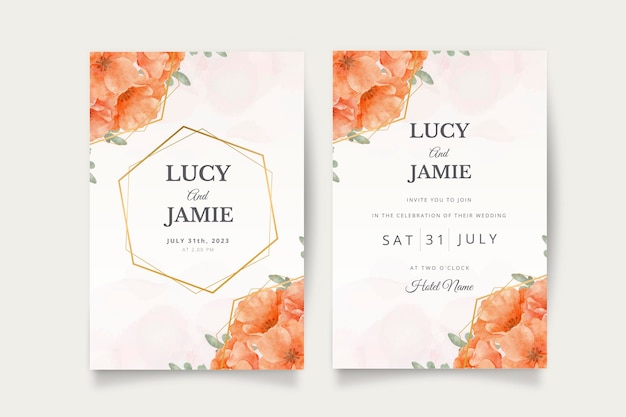 Vector floral watercolor wedding invitation set with elegant golden decoration