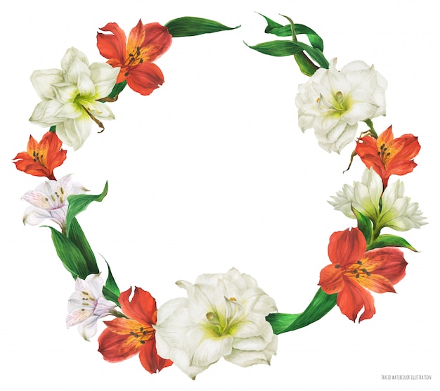 Floral watercolor wreath with red and white lily flowers