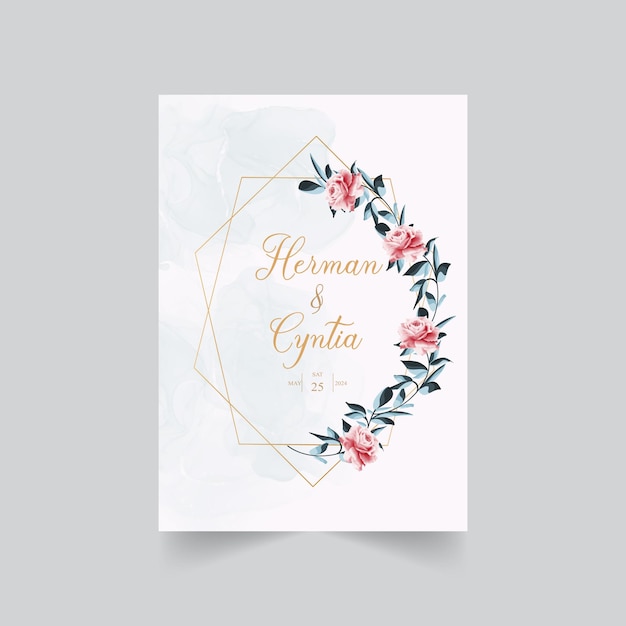 Floral wedding beautiful valentines day invitation with golden frame