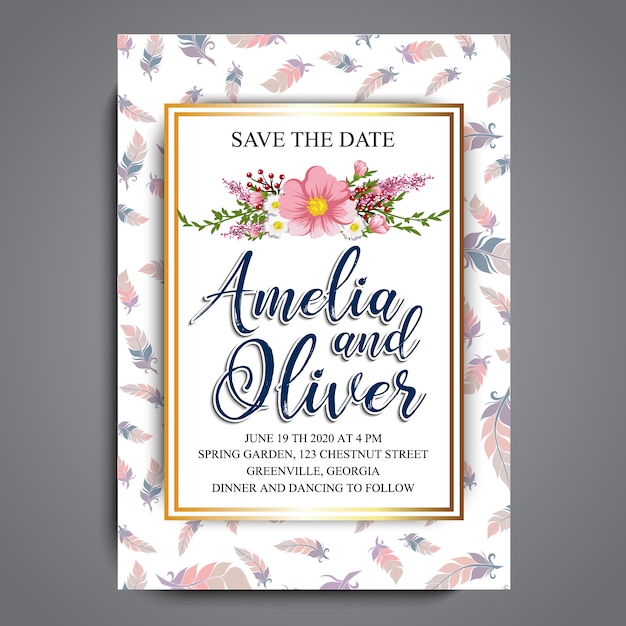 Vector floral wedding card with feathers