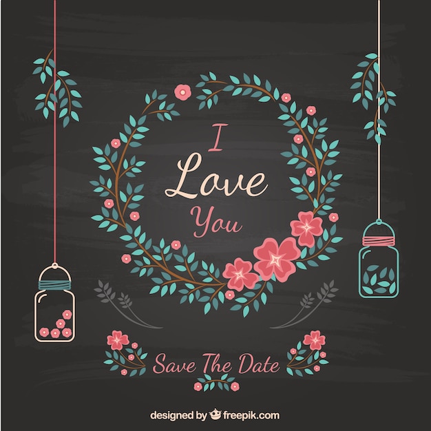 Floral wedding invitation on blackboard