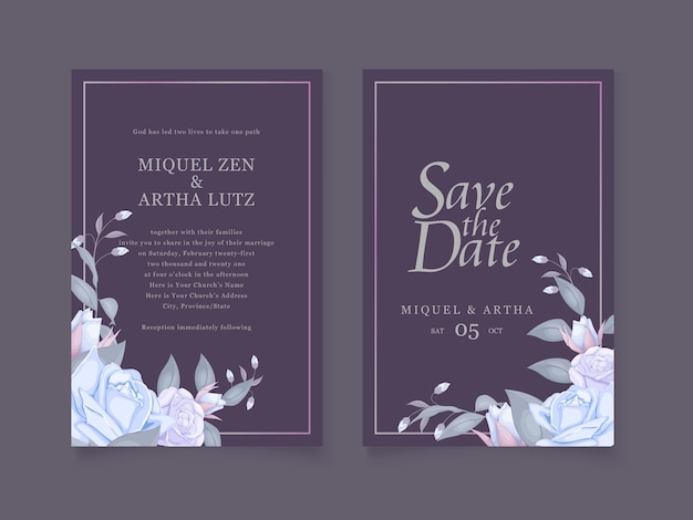 Floral wedding invitation in blue tone color