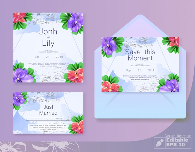 봉투와 꽃 결혼식 초대 카드 세트