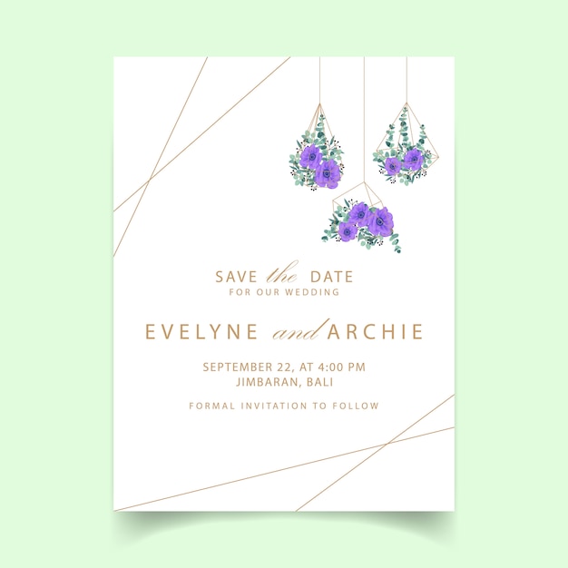 Floral wedding invitation card template design with purple anemone flowers.