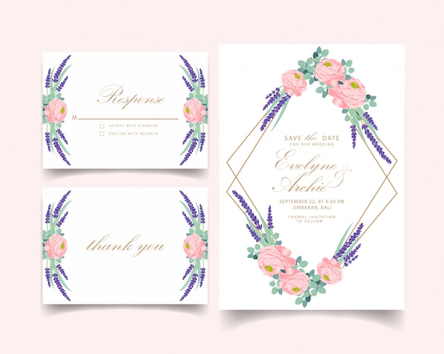 Disegno del modello di carta di invito matrimonio floreale con ranuncolo rosa e fiori di lavanda.