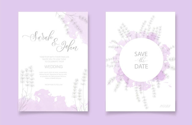 Floral wedding invitation card template design with watercolor lavender flowers