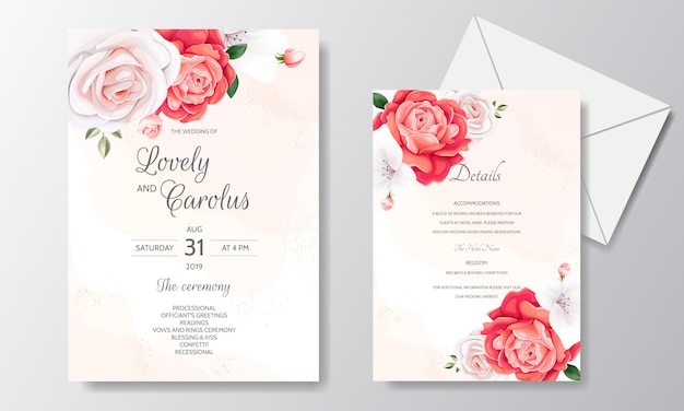 floral wedding invitation card template set with beautiful flowers border