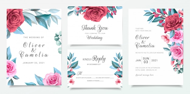 Floral wedding invitation card template set with flowers border and blue leaves