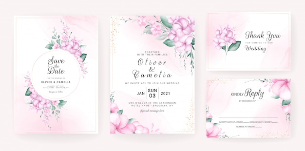 Floral wedding invitation card template set with watercolor floral arrangements and border.