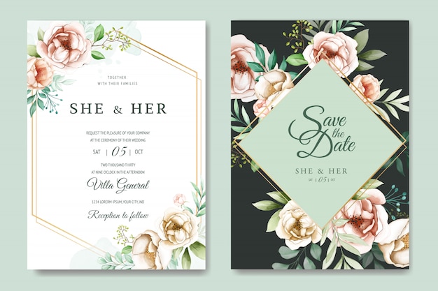 floral wedding invitation card template set with watercolor flowers