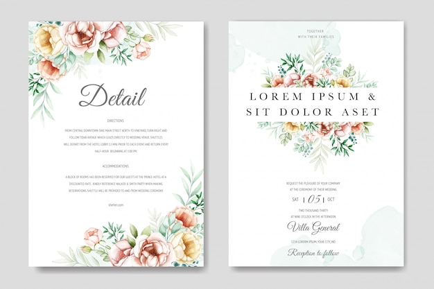 Floral wedding invitation card template set with watercolor flowers