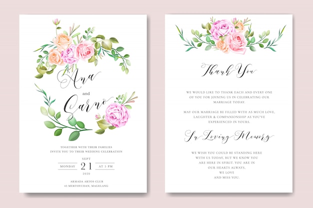 floral wedding invitation card template with floral wreath