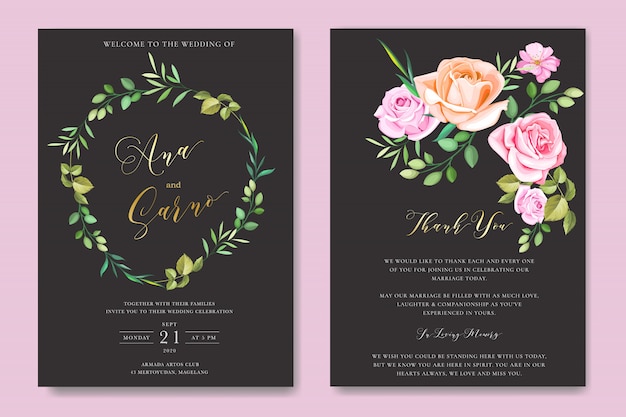 花の花輪を持つ花の結婚式の招待カードテンプレート