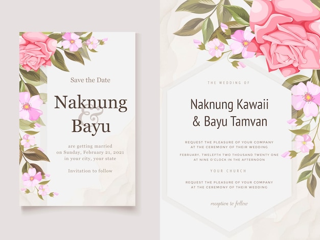 Floral Wedding Invitation Card Template with Roses and Leaves