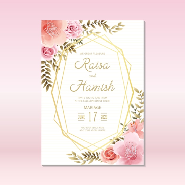 Floral wedding invitation card template with watercolor style