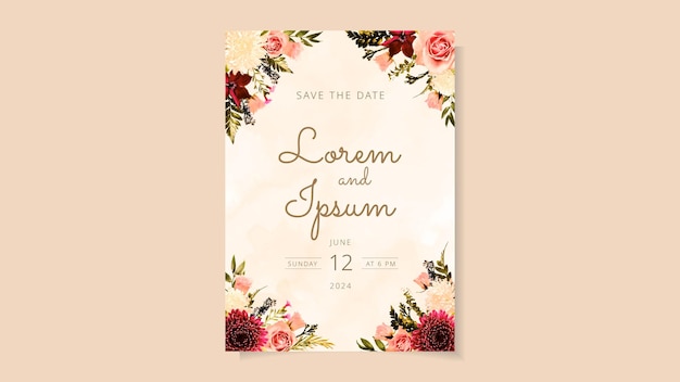 Floral Wedding Invitation card with lovely rustic vintage flowers