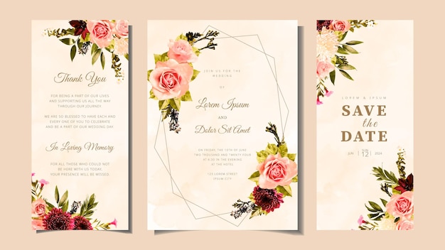 Floral wedding invitation card with lovely rustic vintage flowers