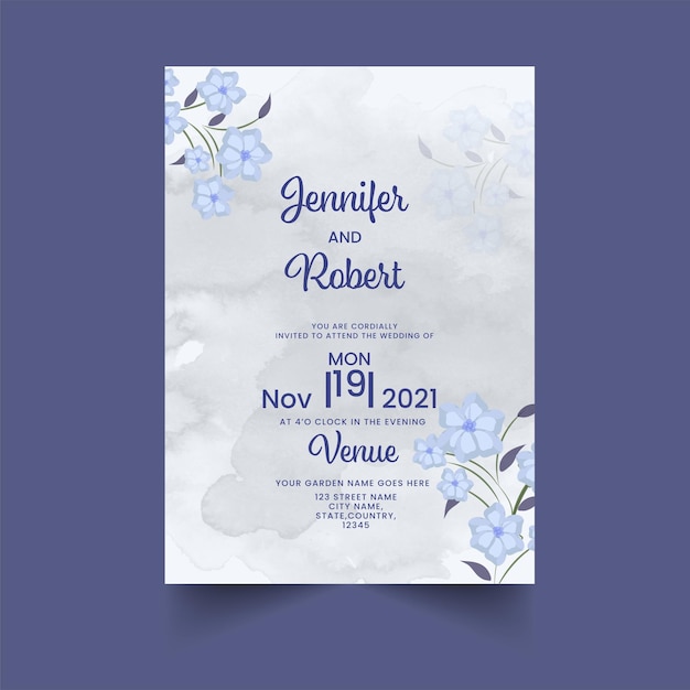 Carta di invito a nozze floreale con effetto acquerello in colore grigio e blu.