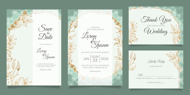 Modello di carte di invito matrimonio floreale con lamina d'oro dell'acquerello