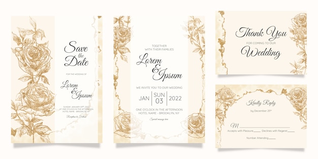 Vector floral wedding invitation cards template with watercolor gold foil