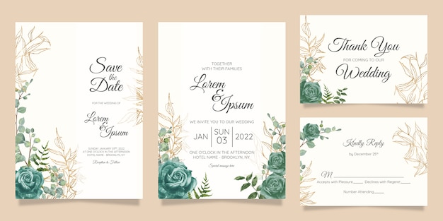 Floral wedding invitation cards template with watercolor gold foil  