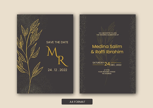 Floral wedding invitation dark grey and gold