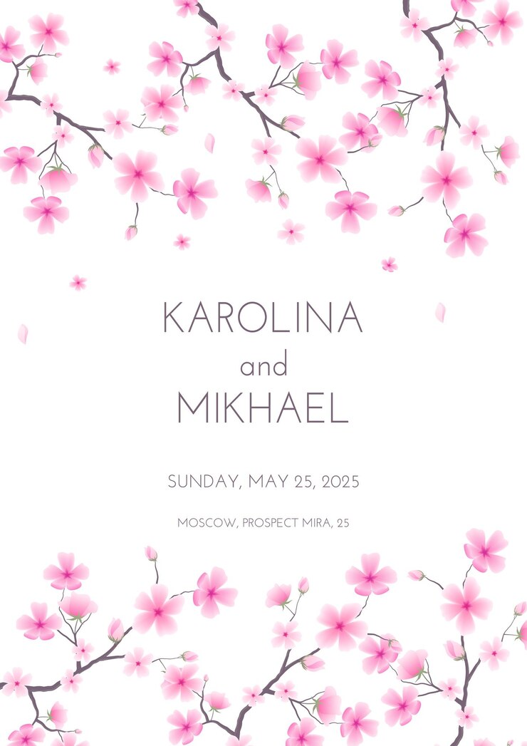 Floral wedding invitation design template showcasing sakura blossoms in flat style vector artwork
