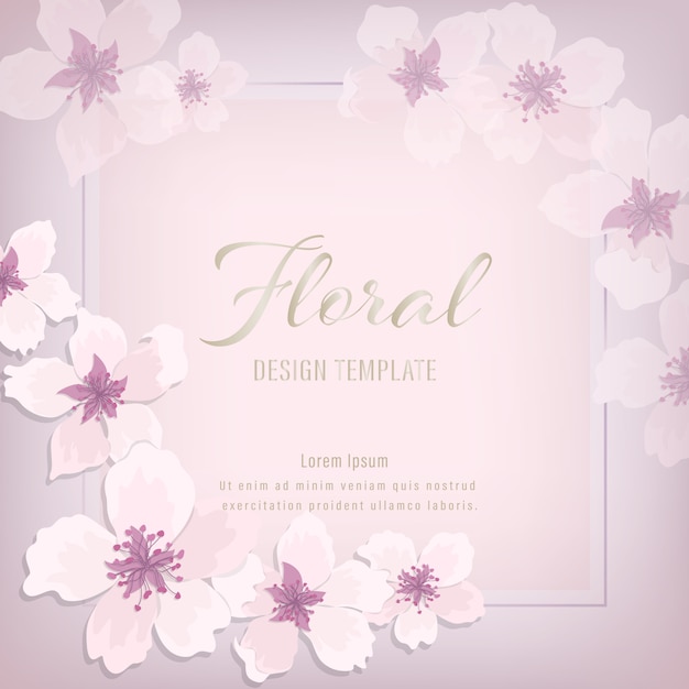 ベクトル 花の結婚式招待状エレガントな招待状カードデザイン。四角形の花輪にピンクの紫色の桜