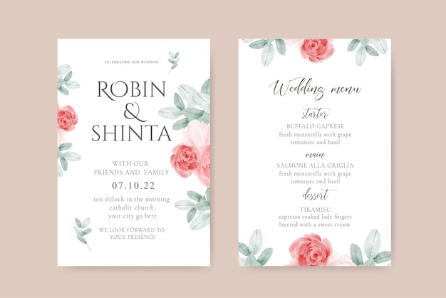 Floral wedding invitation and menu template