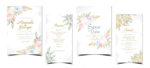 floral wedding invitation suite with beautiful pastel flowers