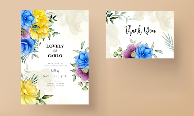 Floral wedding invitation template set with beautiful flowers and leaves decoration