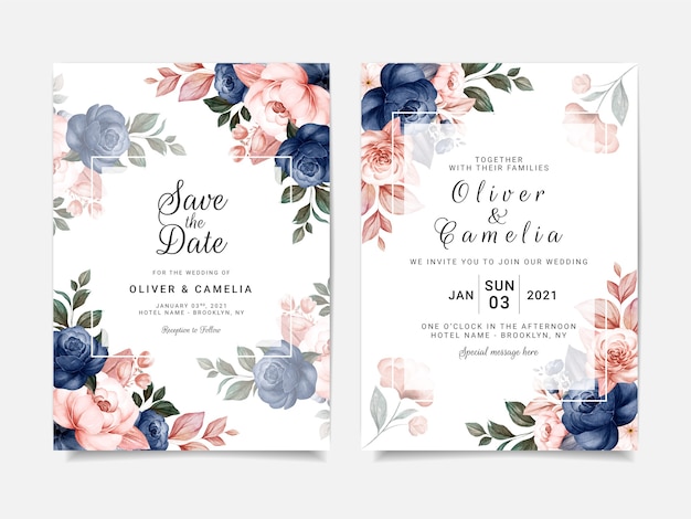 Modello di invito matrimonio floreale con decorazioni di fiori e foglie di rose blu. concetto di design della carta botanica