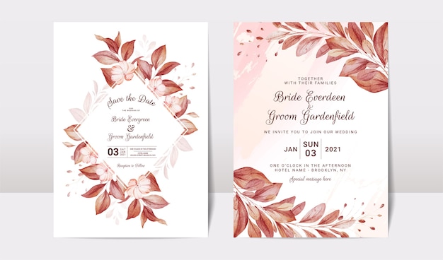 Floral wedding invitation template set with brown and peach roses flowers and leaves decoration.