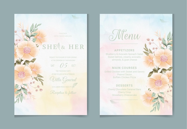 Floral wedding invitation template set with brown and peach roses flowers and leaves decoration