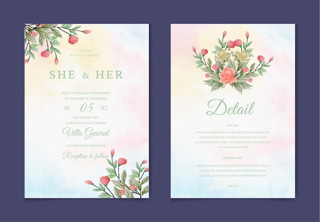 Floral wedding invitation template set with brown and peach roses flowers and leaves decoration