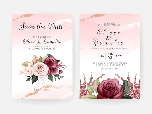 Floral wedding invitation template set with burgundy and peach roses flowers and leaves decoration. botanic card design concept