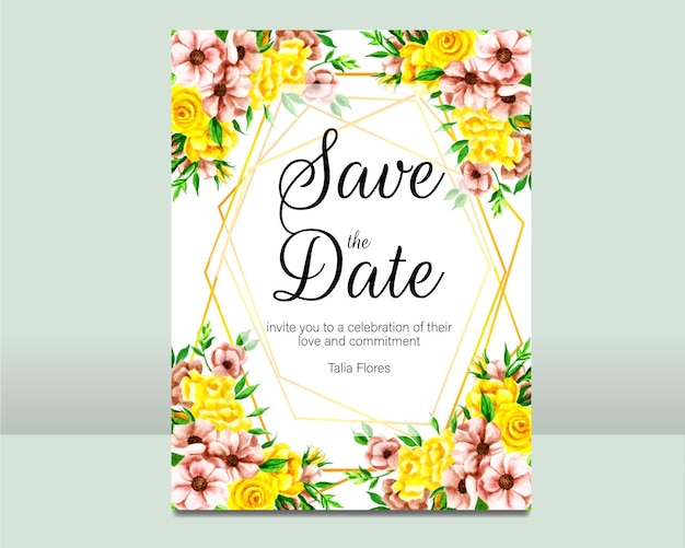 Floral wedding invitation template set with burgundy and peach roses flowers and leaves decoration.