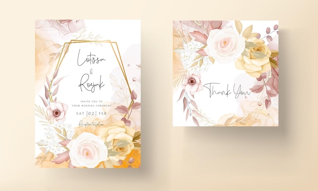 Vector floral wedding invitation template set with elegant brown flower leaves