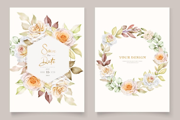 Floral wedding invitation template set with elegant brown leaves