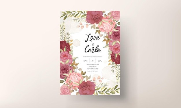 Floral wedding invitation template set with elegant flower and leaves decoration